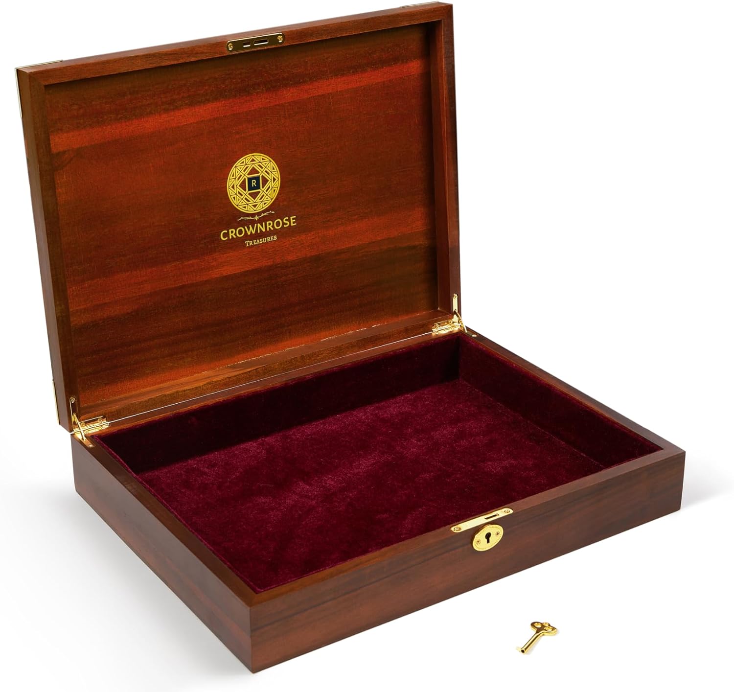 Crownrose Treasures Handcrafted Acacia Wood Storage Box with Velvet Interior, Brass Lock, Key & Hinged Lid - Deluxe Keepsake Chest