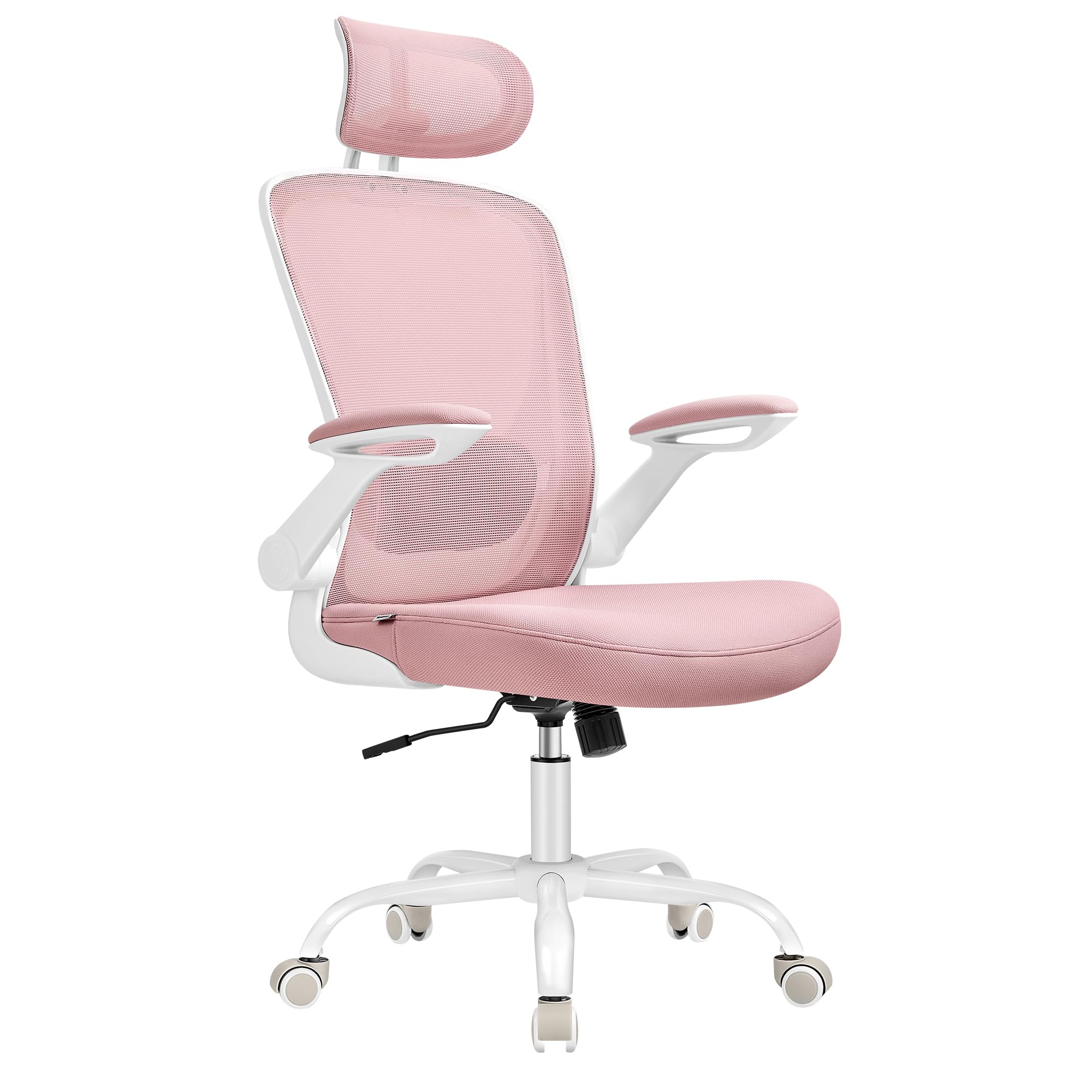SONGMICS Office Chair, Mesh Desk Chair, Ergonomic Swivel Chair, Lumbar Support, Oscillating, 53 cm Seat, Flip-up Armrests, Headrest, Jelly Pink OBN047R01