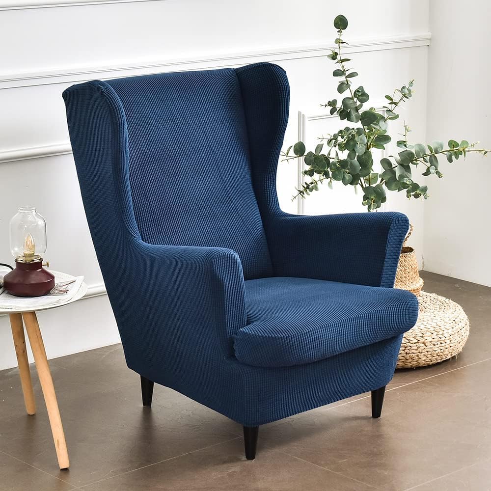 Abzdung Blu Navy 2-Piece Stretch Wingback Chair Slipcover, Solid Color Jacquard Thicken Strandmon 1 Seater Sofa Cover With Cushion Cover, Washable, For Living Room Bedroom(Blu Navy)