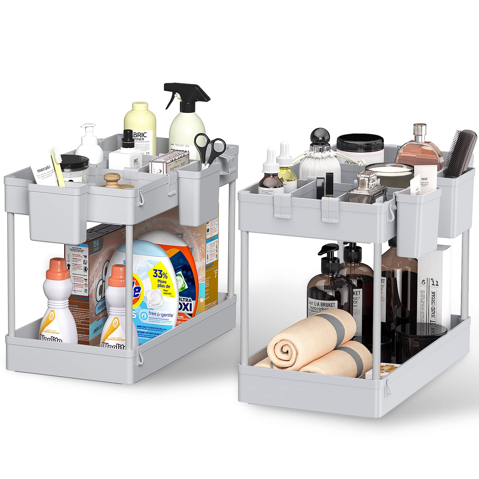 SOYO 2 Pack Under Sink Organizers and Storage, 2 Tier Bathroom Organizer Under Sink Shelf, Kitchen Organization Cabinet Storage Caddy Counter Basket with Hooks Dividers Hanging Cups, Gray