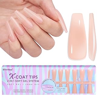 Soft Gel Coffin Nails Tips - BTArtbox Long Press on Nails 2 in 1 Neutral X-coat Tips 150PCS, Pre-colored Pre-shaped Ballerina Nail Tips Soak Off Nail Extensions 15 Sizes, Nude