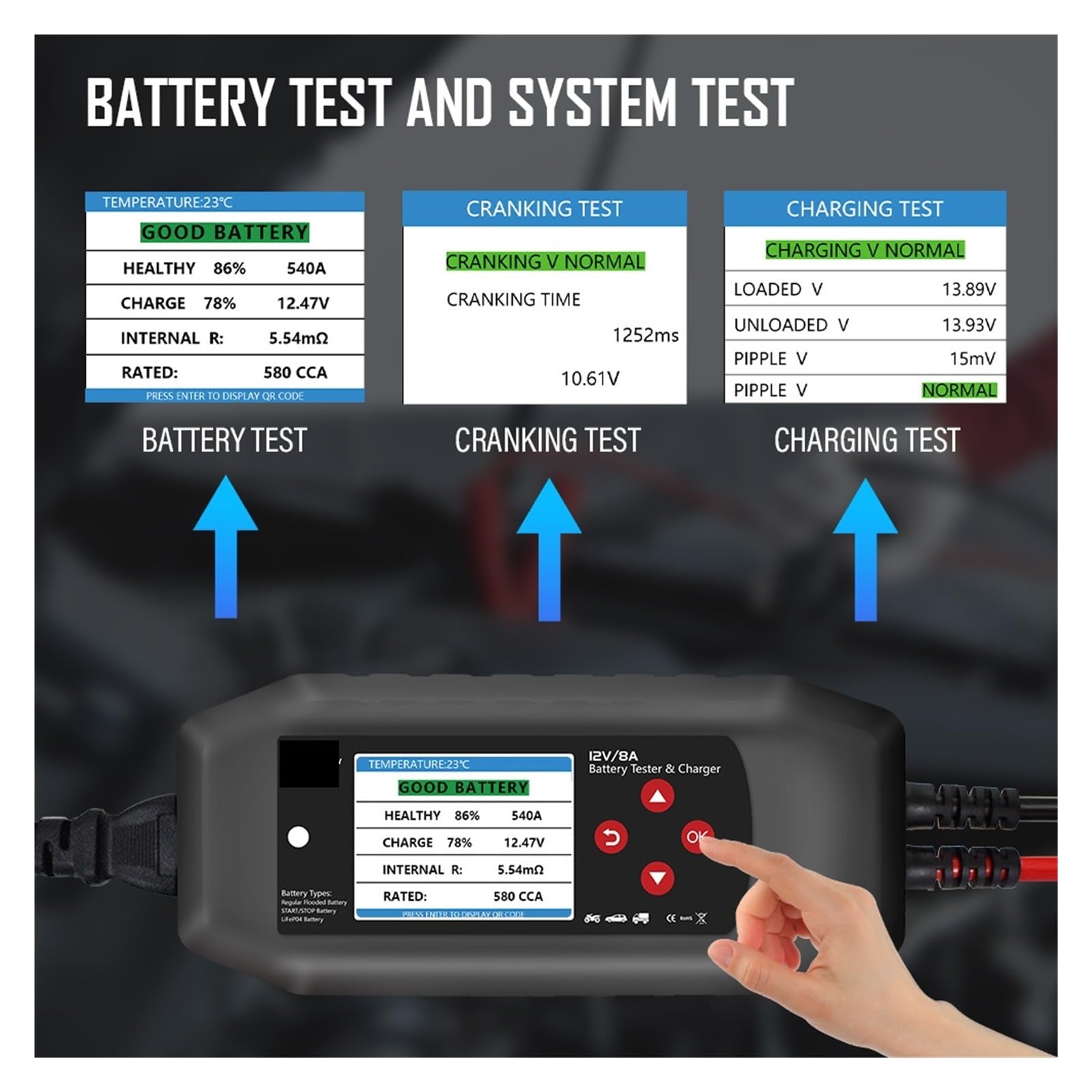 Tester Batterie, CAT-500 2 in 1 caricabatteria for tester batteria 8A Manutentore Carica di mantenimento automatica for batterie al litio al piombo,Tester Pile