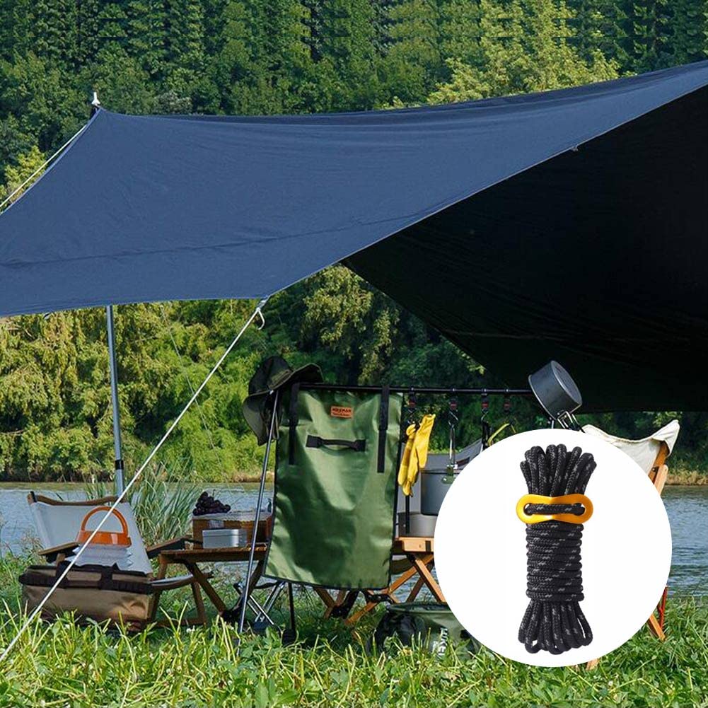 6 Pezzi Corda Tenda Riflettente Corda Tenda Campeggio 4m x 5mm Corda Tiranti Tende Corda Tenda Nera con Tenditore Regolabile per Tenda da Campeggio all'aperto