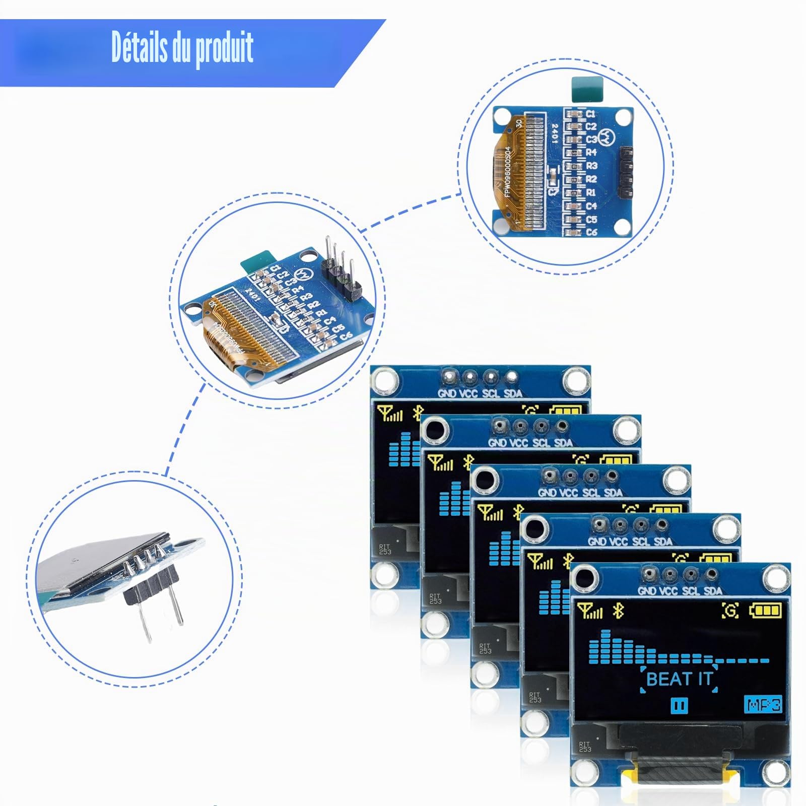 Lot de 5 écrans OLED, 0,96 ", 128 x 64 pixels OLED Display Driver, OLED Display Serial Auto-luminescent, Module d'affichage OLED IIC (jaune et bleu)
