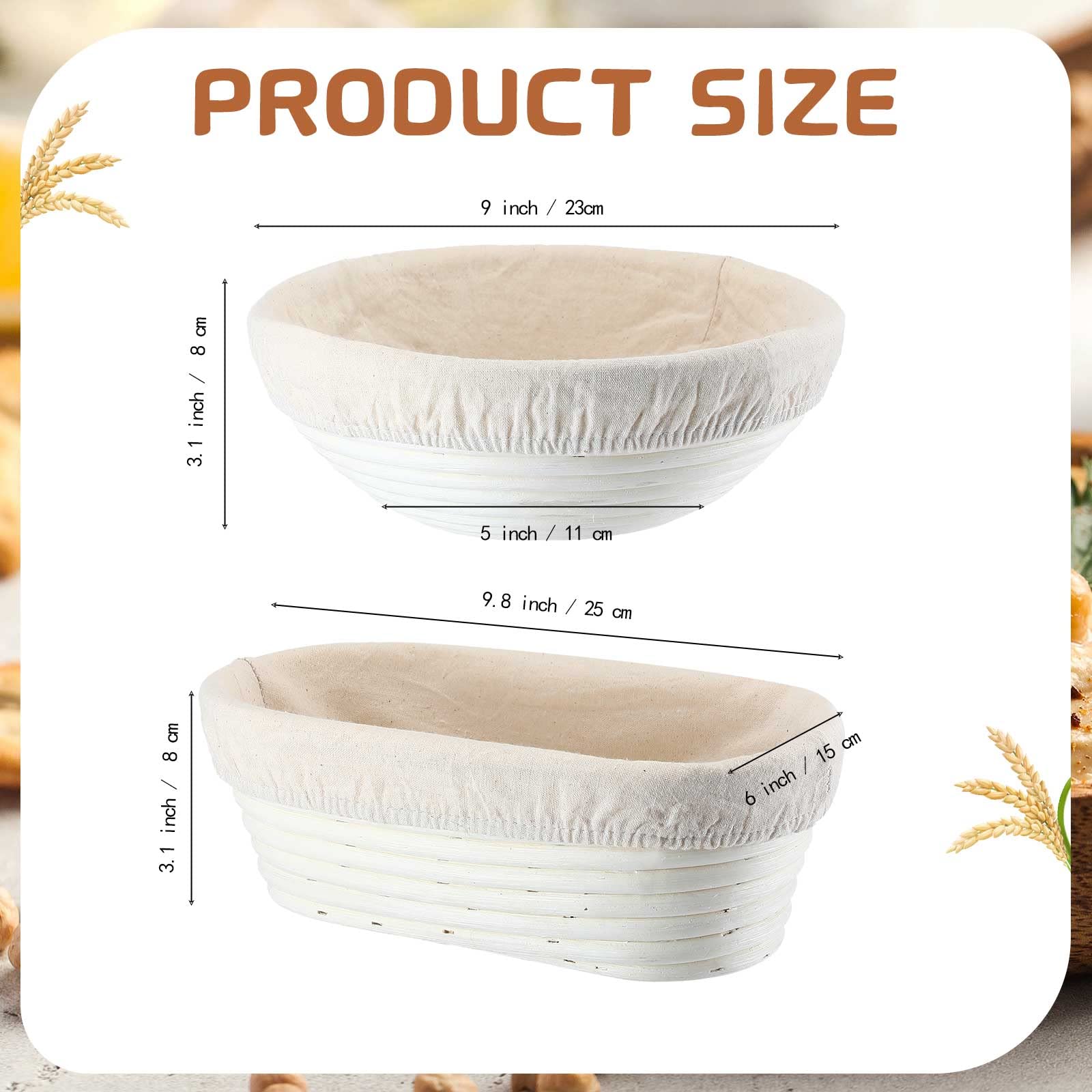 Nuanchu 4 Stück Gärkorb 22,9 cm runder Brotgärkorb 25,4 cm ovaler Rattan-Brotkorb Backschale für Sauerteig, Brot, Backen, Heimbäcker