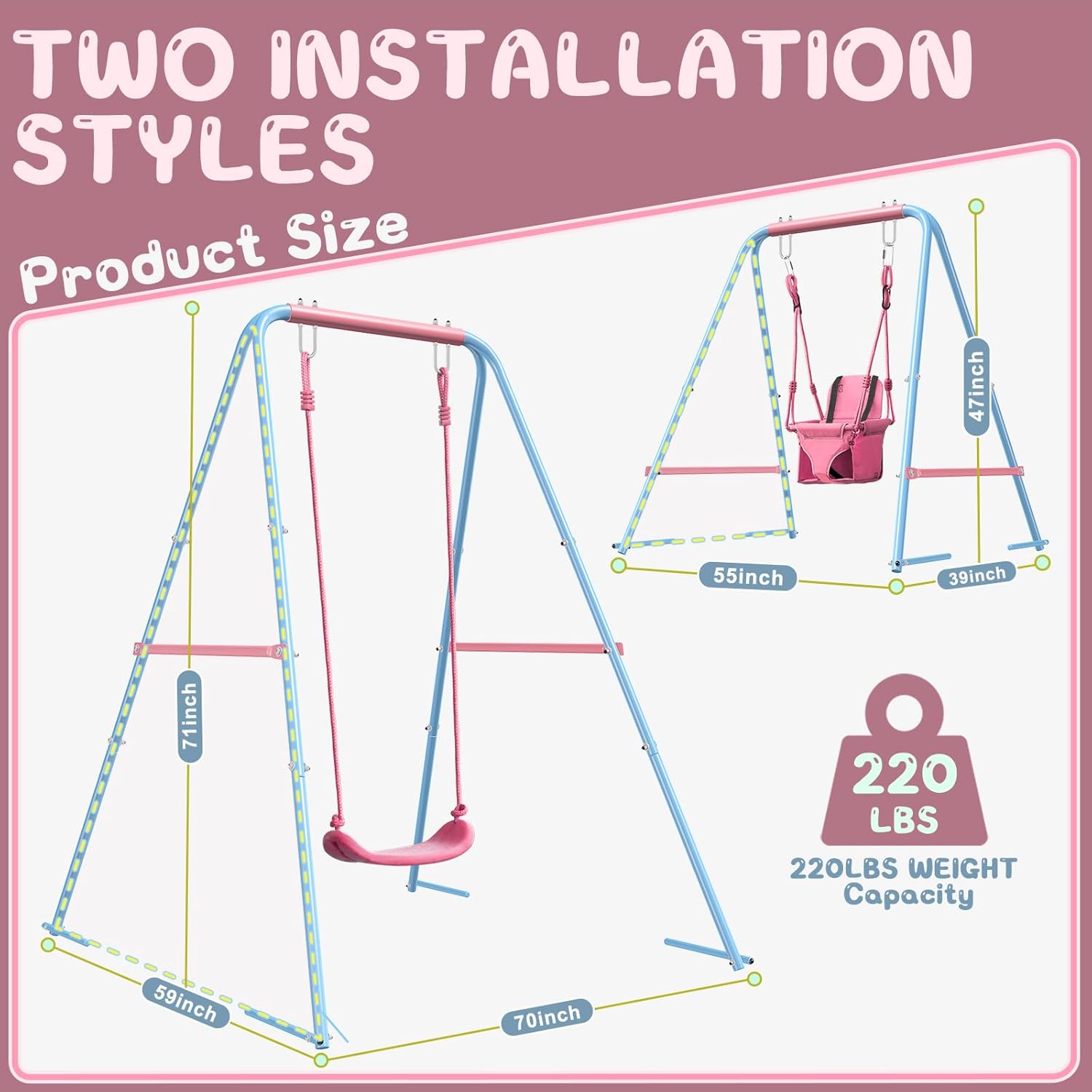 2-in-1 toddler swing set with foldable stand, baby swingset with 2 types of anchors for indoor & outdoor, 1 belt & 1 soft swing seat with safety harness & height adjuster for 6 months and older kids pink and blue