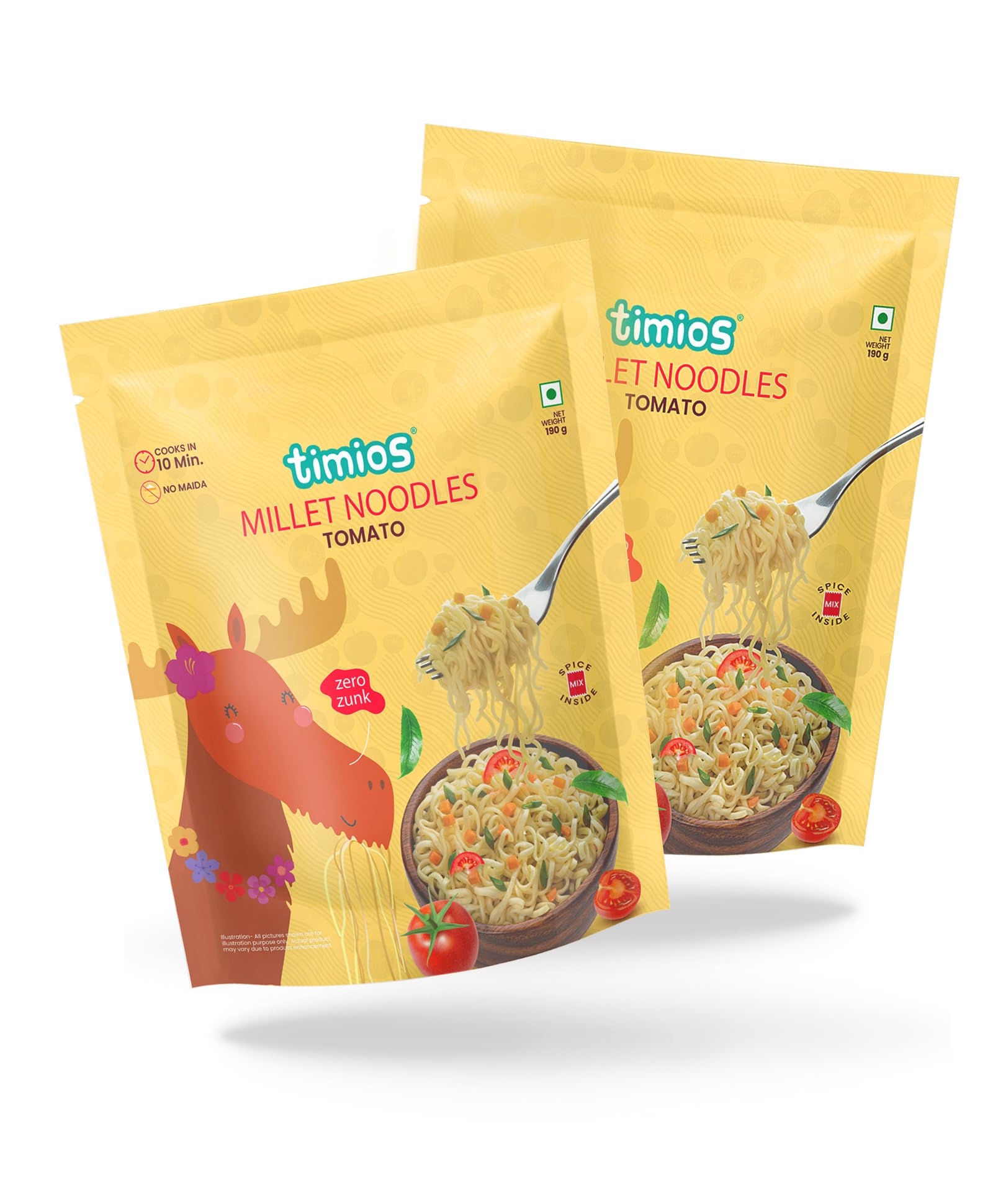 Timios No-Maida Millet Tomato Flavored Instant Noodles, Not Fried, No MSG, No Preservatives, No Artificial Colors & Flavors, No Trans Fat & Cholesterol, Vegetarian, Pack of 2, 190g Each-image-23