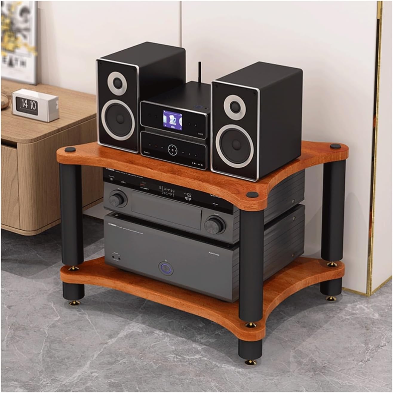 Wooden CD Record Player Stand with Shock-Absorbing Feet 2-Tier AV Equipment Display Rack for Living Room Stylish Brown Media Storage Solution