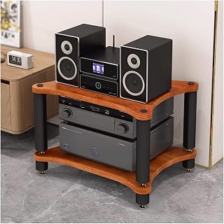 HIFI Audio Rack with Shock Absorbing Feet Wooden CD & Record Player Stand 2 Tier AV Equipment Cabinet for Living Room Display (Brown)