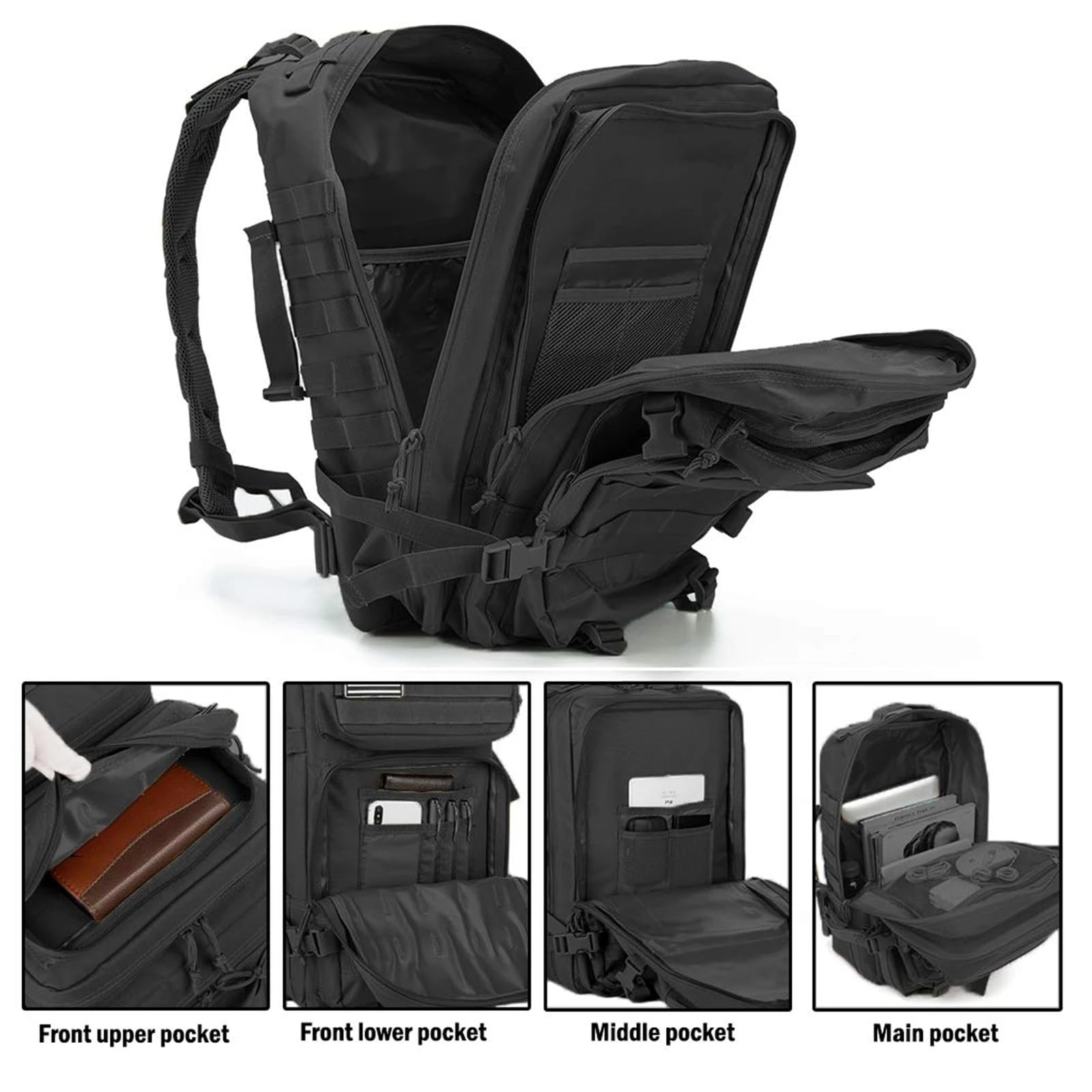 Rucksäcke mit großer Kapazität Outdoor-Assault Pack 3-Tage-Bug-Out-Tasche Wandern Treeking Rucksack Fitness Camping – tägliche Arbeit(Schwarz)