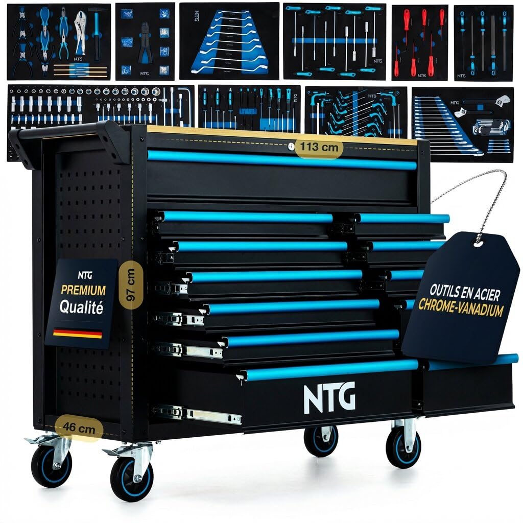 NTG Chariot à outils XXL – 471 pièces – 12 tiroirs avec plan de travail en bois, verrouillable, mobile sur roulettes – Meuble de rangement professionnel en métal pour garage et atelier