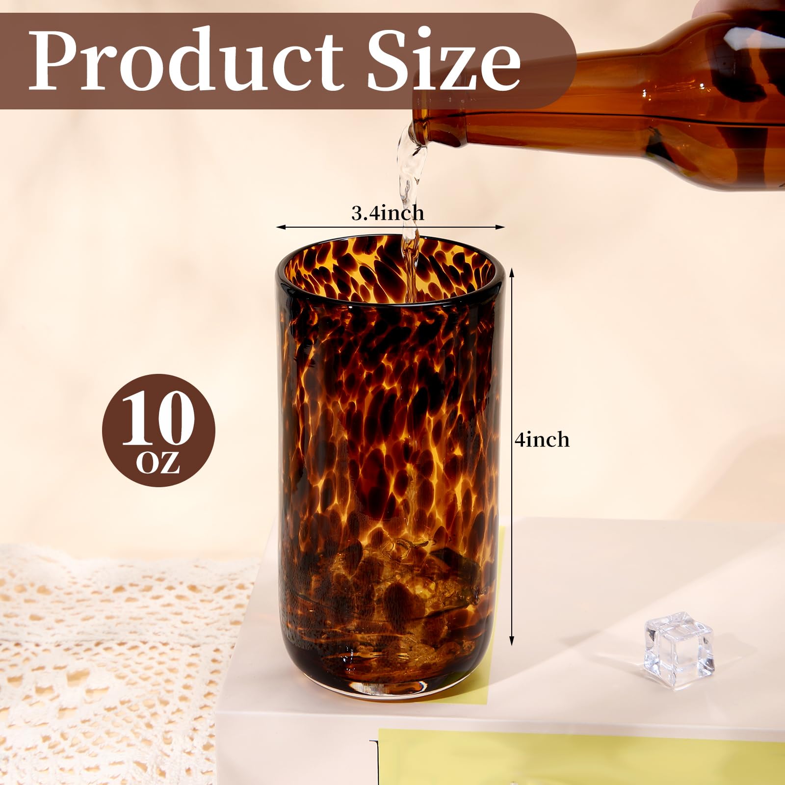Honeydak Set mit 4 braunen Gläsern mit Schildkröten-Leopardenmuster, 473 ml, stilvolle Cocktailbecher ohne Stiel, Glaswaren, ideal für Gin, Tequila, Wodka, Softdrinks
