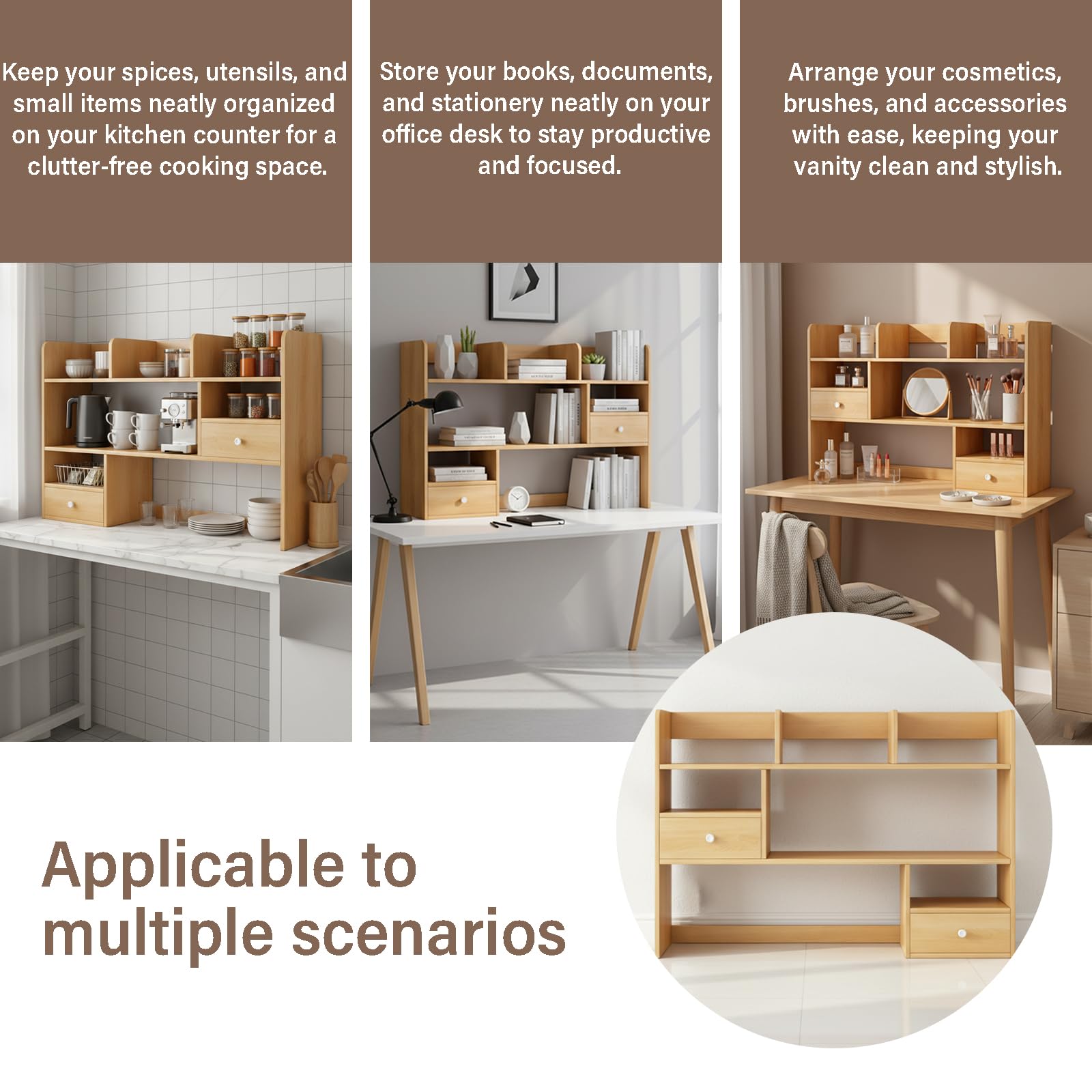 Mensola Scrivania da Appoggio con Cassetti e Vani, Libreria da Scrivania Salvaspazio per Organizzare la Tavola, Scaffale da Scrivania Robusto per Casa e Ufficio 60/80x17x80cm(Size:80x17x80CM)