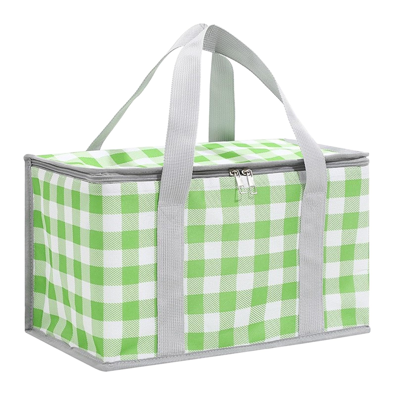 Rikuuui Insulated Picnic Bag Foldable Thermal Lunch Basket for Outdoor Camping Large Waterproof Cooler Carrier with Reinforced Aluminum Frame and Shoulder Strap 43x23x23.5cm PlaidGreen