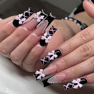 الباليه الأسود اضغط على الأظافر Long Square French Tip Fake Nails Pink Bow Charm False Nails with White Pearl Designs Cute Acrylic Nails Glossy Glue on Nails أظافر اصطناعية للنساء الفتيات 24Pcs
