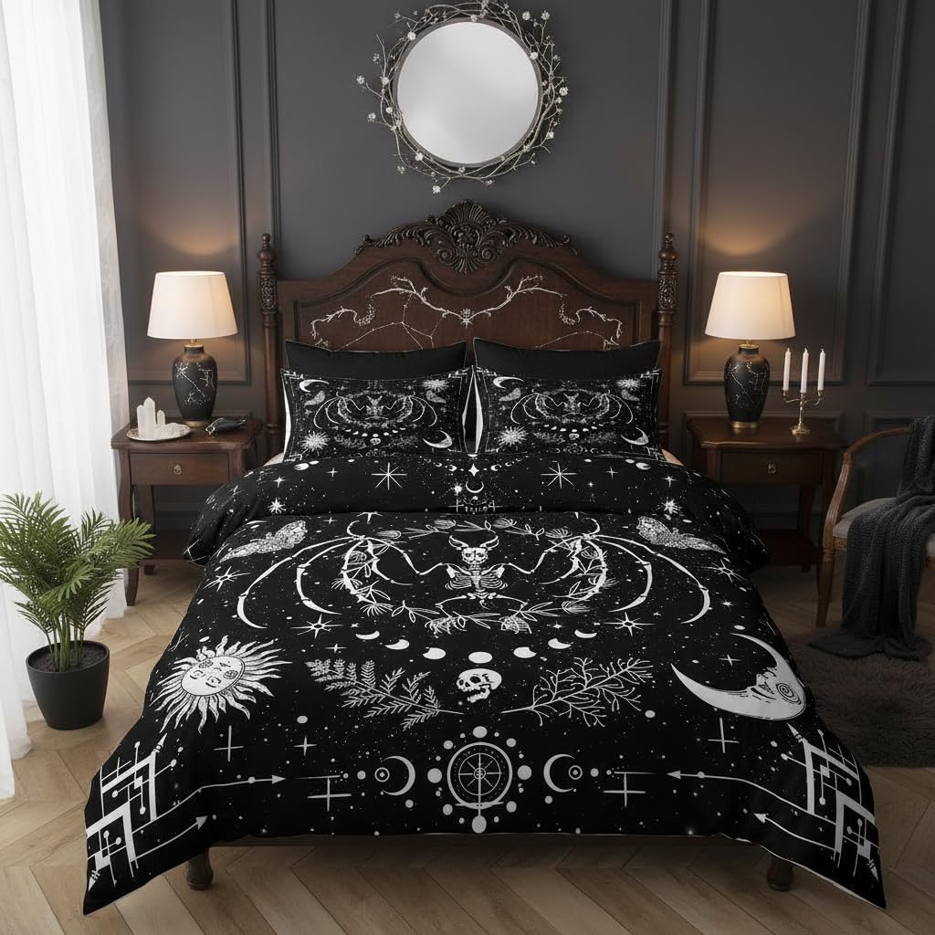 Parure de lit gothique taille S avec housse de couette chauve-souris et lune