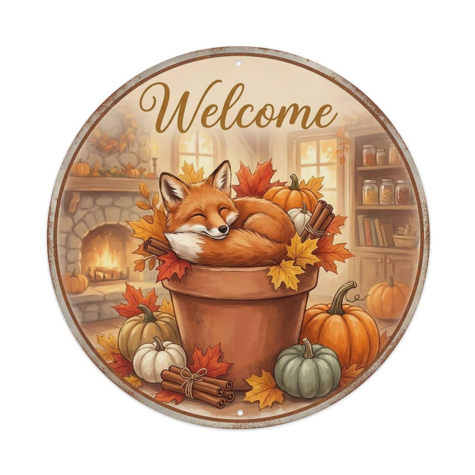 Welcome Fox Cozy Fall Vintage Metal Tin Sign Plaque Wall Decor for Cafe, Club Bar, Office, Garden Metal Poster 8x8Inch