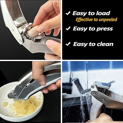 Miniatura 3 de VOVOLY Prensa de ajo de acero inoxidable de alta calidad, sin necesidad de pelar prensador de ajo, picadora de ajo asistida de doble palanca de
