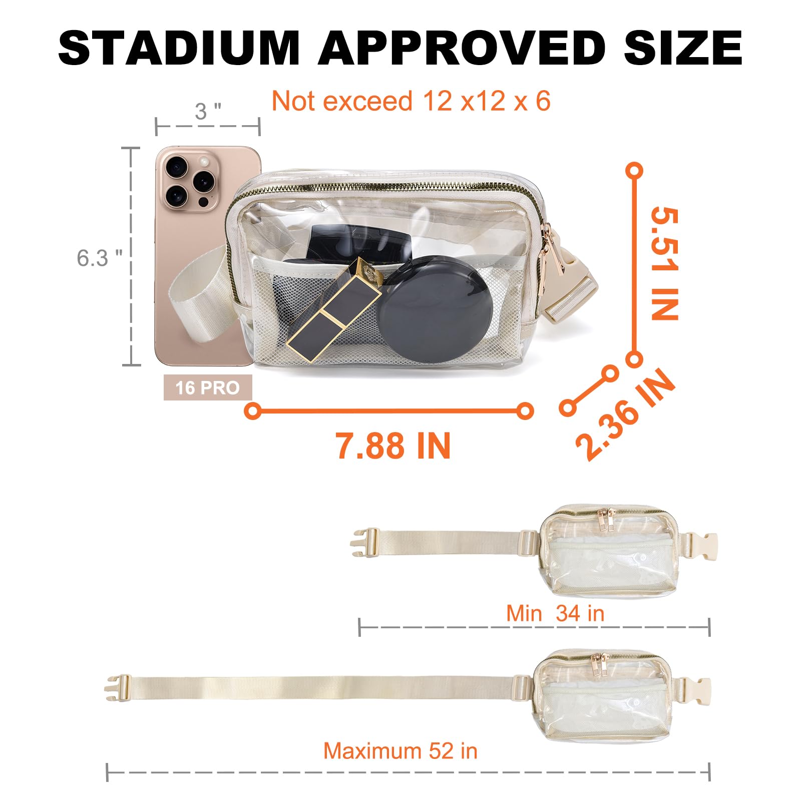 Bolsa transparente para eventos de estadio, cangurera transparente para mujeres, bolsa cruzada para estadio con correa ajustable, cintura de poliuretano termoplástico para conciertos, deportes, viajes 3