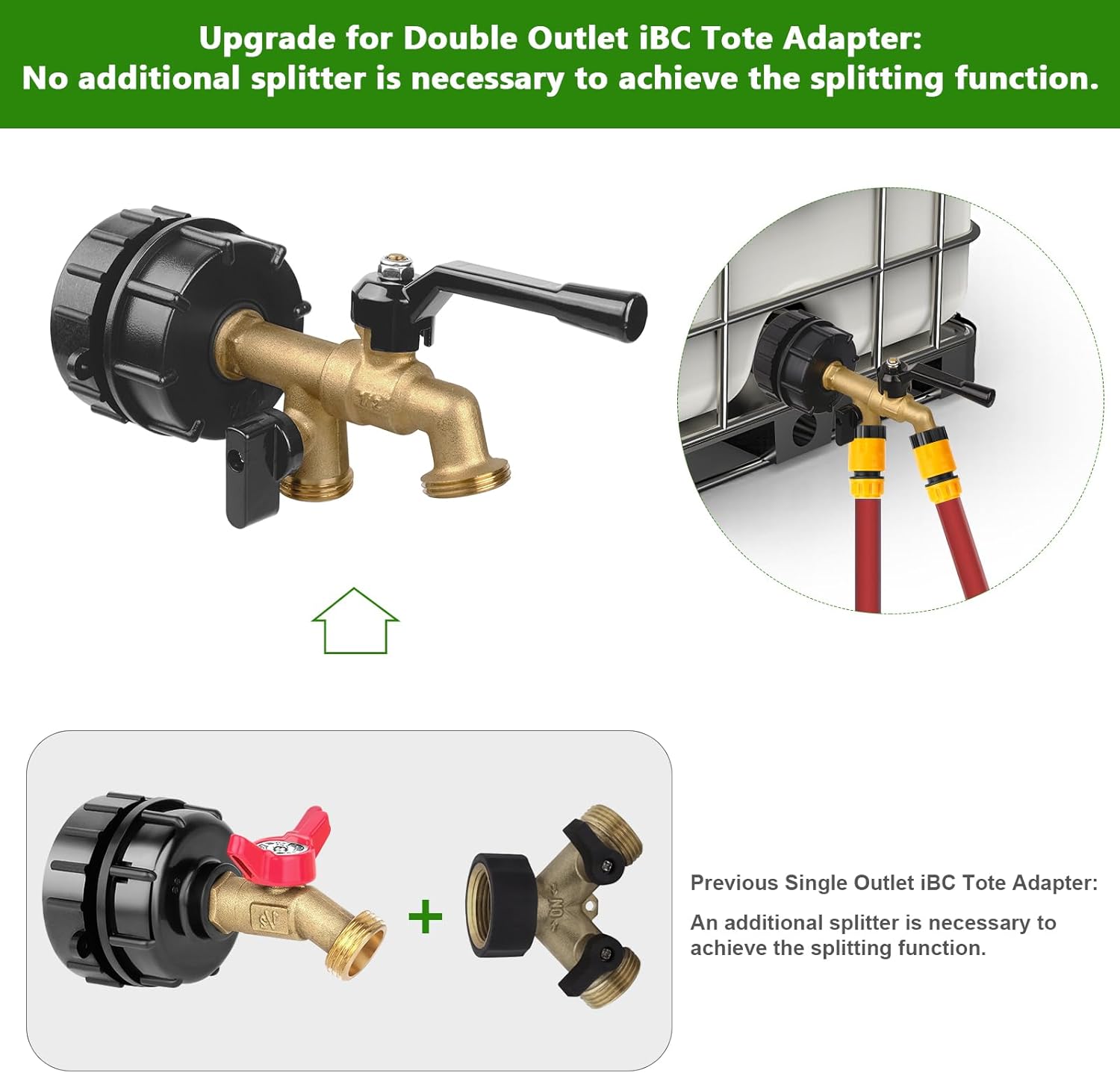 Double Outlet IBC Tote Adapter IBC Tote Fittings 275-330 Gallon IBC Tote To Garden Hose Adapter with 2.44" Fine Thread Water Tote Valve Water Tote Tank Hose Adapter (2 Outlets)