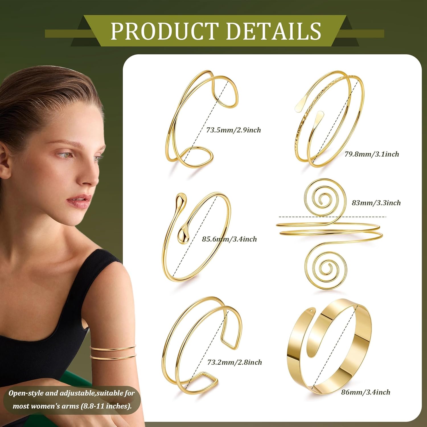 6PCS Gold Arm Cuff for Women Upper Arm Cuff Bracelets Adjustable Open Cuff Bangle Bracelet Minimalist Coil Swirl Upper Arm Bands Armband Set - Image 2
