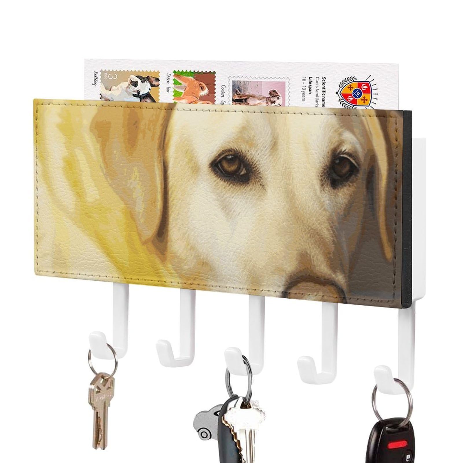 JTREHY Yellow Dog Holder Wall-Mounted Key and Mail Holder,Key Rack with 5Keys Hooks, Easy to Install Mail Organizer for Entryway, Front Door, Hallway, Office