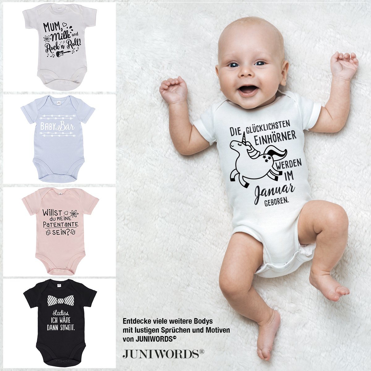 JUNIWORDS Babybody Kurzarm - 100% Baumwolle - Wähle Motiv, Farbe & Größe - "Wenn Mama und Papa nein sagen frage ich Oma und Opa" - Weiß - Größe: 60-66 cm
