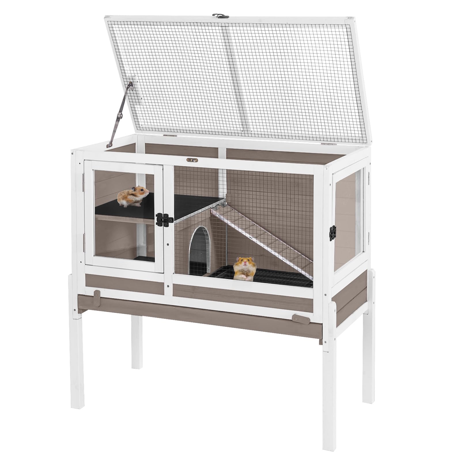 Aivituvin Wooden Guinea Pig Cages Indoor with Removable Stand, Anti Chewing Rabbit Hutch with Ramp and Wire Mesh, 2 Story Small Animals House Habitat with Pull Out Tray (Brown)