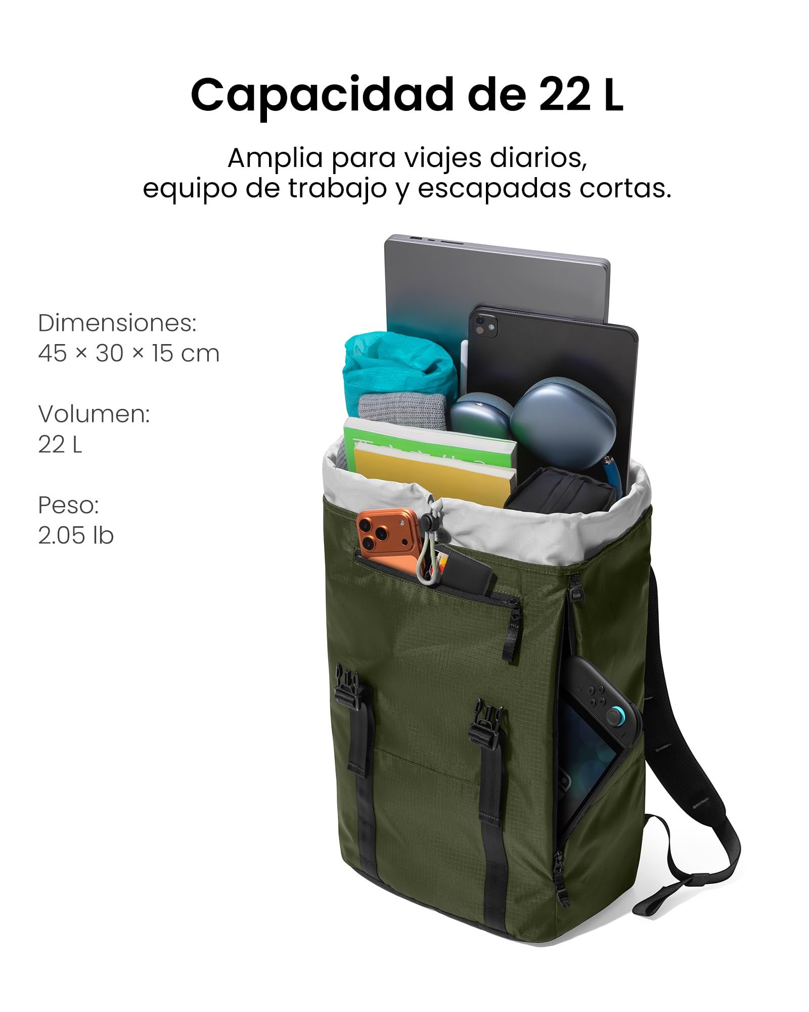 tomtoc Mochila para Portátil 22L, Mochila Vintage Ligera y Resistente al Agua para Escuela, Universidad, Trabajo, Viajes y Uso Diario, para Hombre y Mujer, Compatible con Portátiles de 13-16 Pulgadas