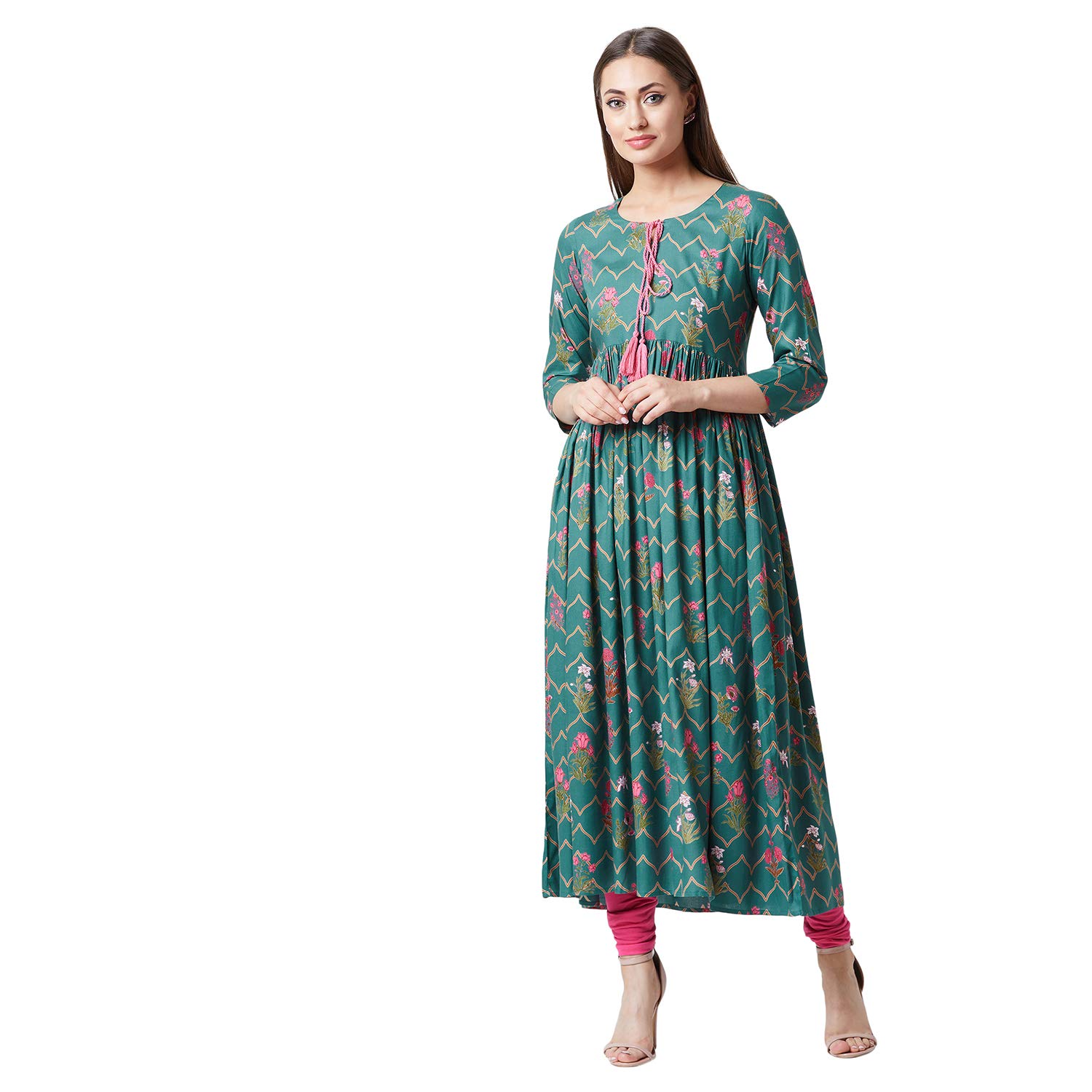 Tissu Women's Green Floral Printed Kurta With Tassels 1972-40_Green, L