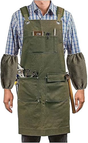 Miniatura 8 de Delantales de carpintería. Delantal de trabajo de lona encerada de 16 oz con bolsillos correa ajustable. para hombresmujeres. Con funda de manga