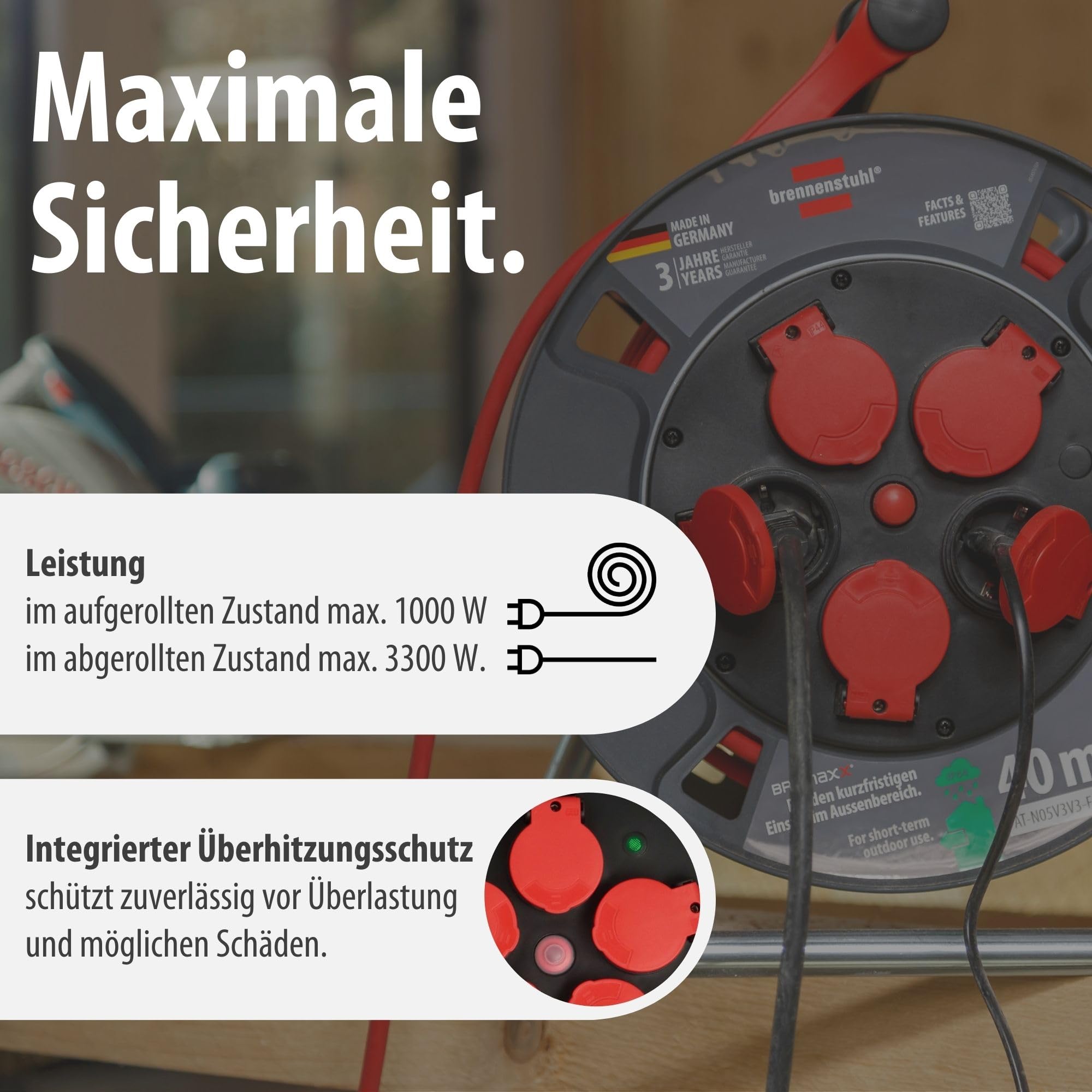Brennenstuhl Kabeltrommel 300 KU 4110 40m outdoor IP44 (Made in Germany, 5 Schutzkontakt-Steckdosen, Überhitzungsschutz, kurzfristiger Einsatz im Außenbereich)