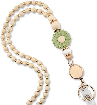 Cute Teacher Lanyard for Women with Retractable ID Badge Reel and Keychain Wooden Beaded Lanyards for Keys Charm
