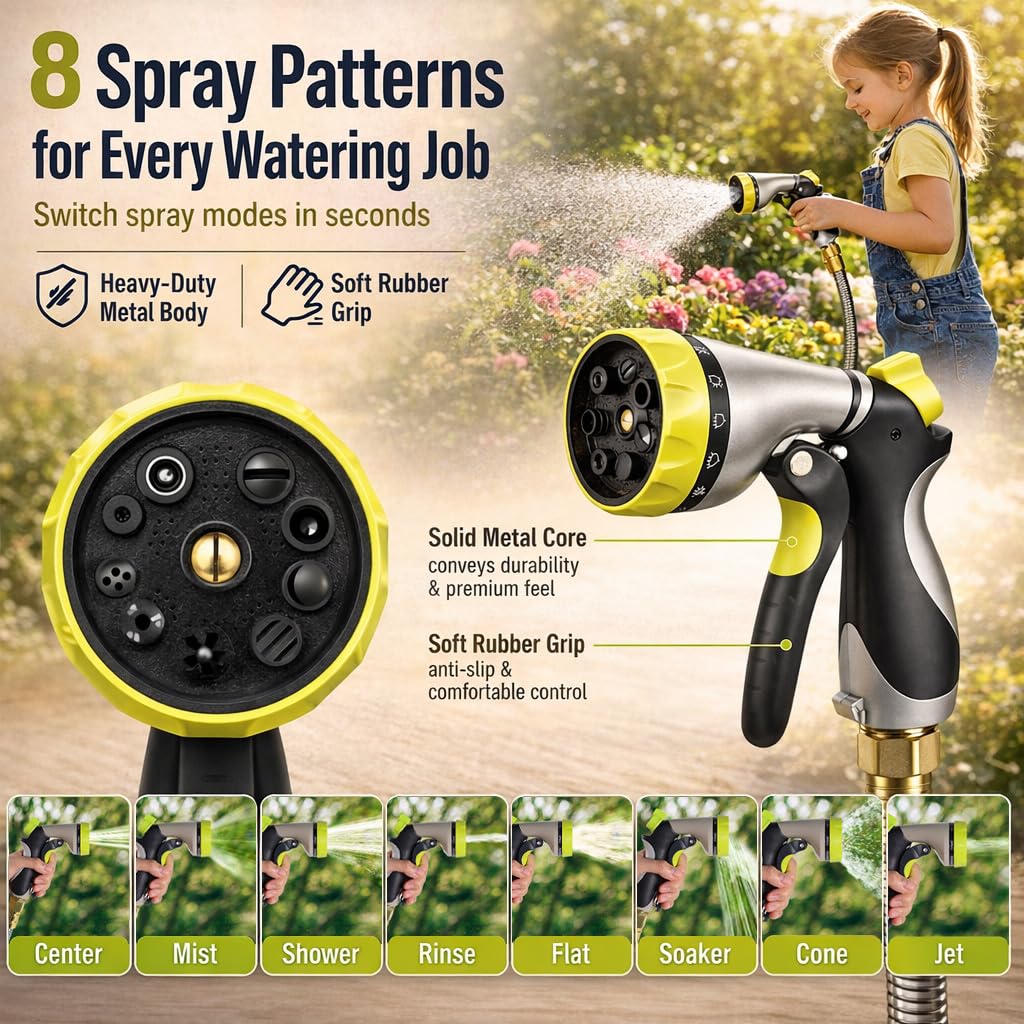 Manguera de jardín de metal de 100 pies, manguera de agua de acero inoxidable 304 con boquilla pulverizadora, mangueras de jardín flexibles, ligeras, sin torceduras, resistente para
