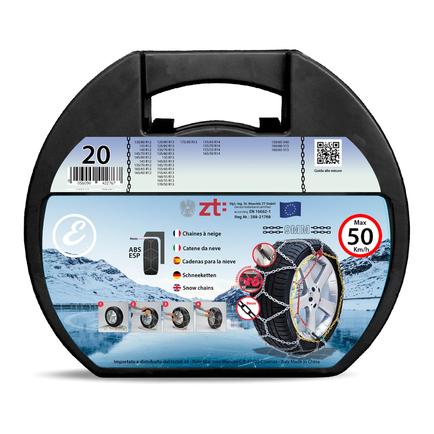 Catene Da Neve In Metallo 9 mm Omologate TUV e GS Onorm Montaggio Rapido Per Auto Macchina Furgone SUV Con Tensionatore Autobloccante (Misura 20)