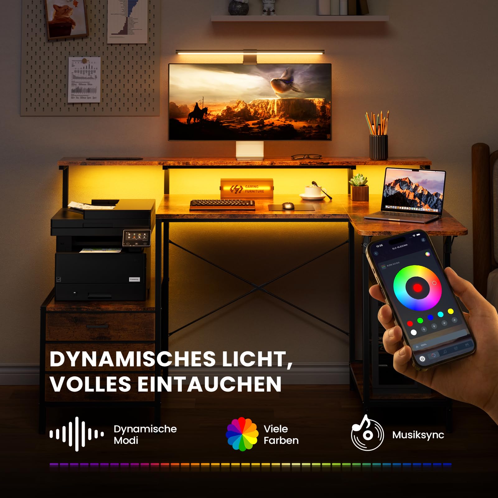 HLONONE Biurko komputerowe z szufladami i diodami LED, 140 x 85 cm, biurko narożne z gniazdkiem, stół komputerowy z miejscem do przechowywania i półką na monitor, do domowego biura, brązowy