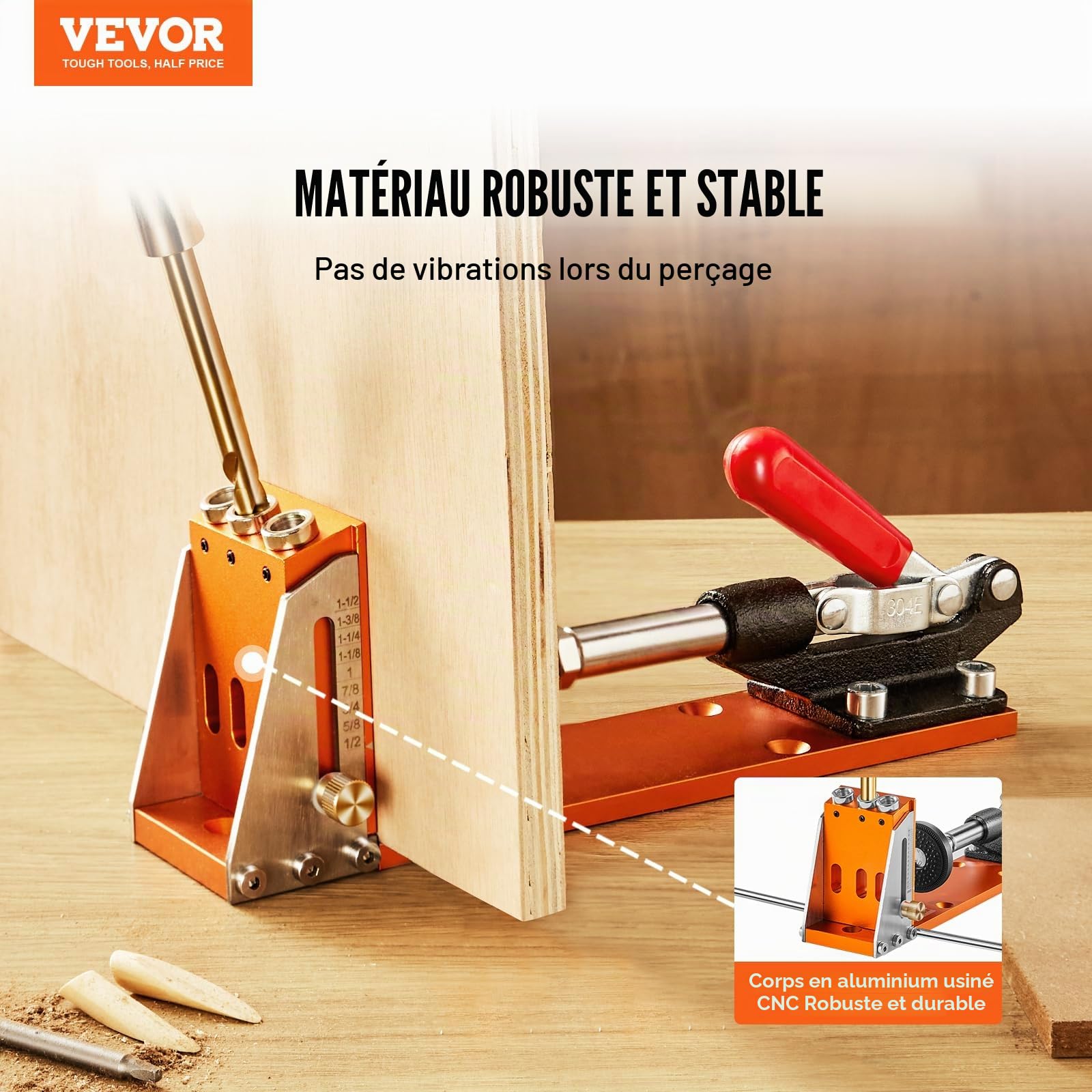 VEVOR Kit de Gabarit de Trou de Poche Profondeur Réglable 12,7-38,1 mm Système de Trou de Poche en Alliage d'Aluminium Gabarit de Perçage Oblique Kit Complet pour Travaux de Menuiserie Meuble en Bois