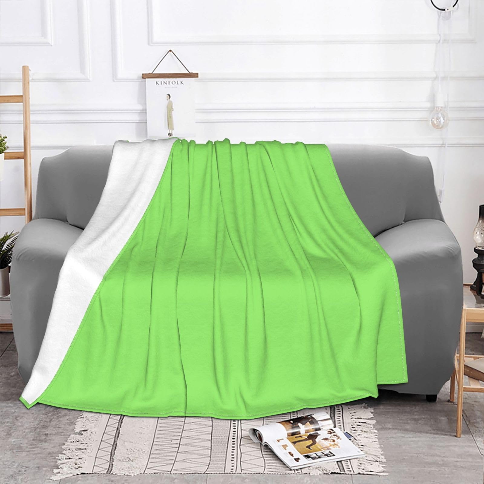 Manta de viaje portátil de 80 x 60 pulgadas, suave, resistente a las arrugas, plegable, color sólido, estampado verde claro