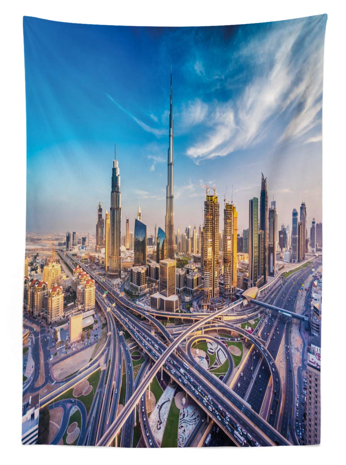 ABAKUHAUS Città Tovaglia, Panoramic Dubai Traffico, Rettangolare per Sala da Pranzo e Cucina, 140 cm x 240 cm, Blu Ivory Marigold
