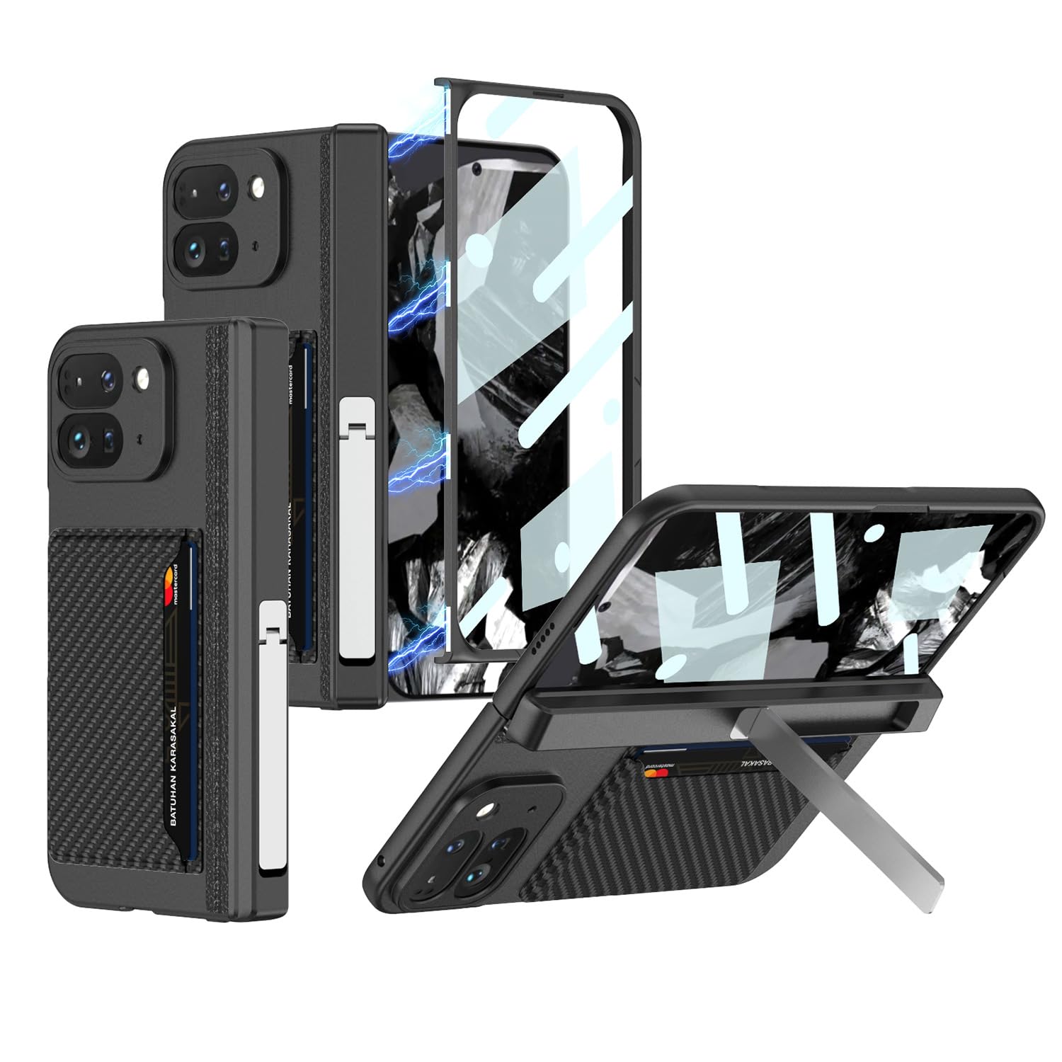 Miimall Custodia Compatibile con Google Pixel Fold con Penna, Cerniera con Supporto per Penna, Copertura in Vetro Temperato, Cavalletto Regolabile, Cover Antiurto in PC per Google Pixel Fold, Nero