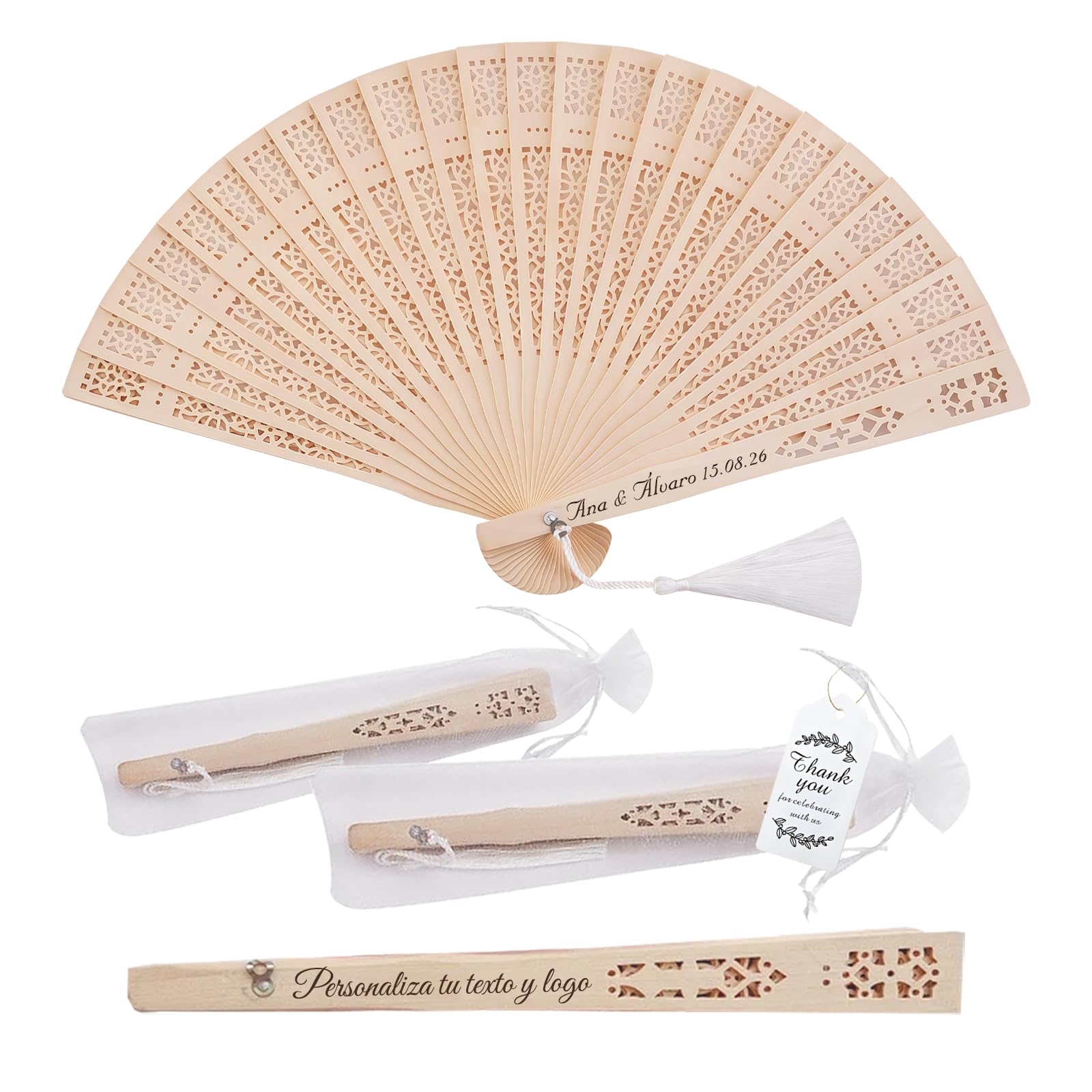 Abanicos Personalizados de Madera para Boda, Plegables con Nombre y Fecha, Detalles para Invitados, Recuerdos para Bautizos, Eventos y Fiestas (100)