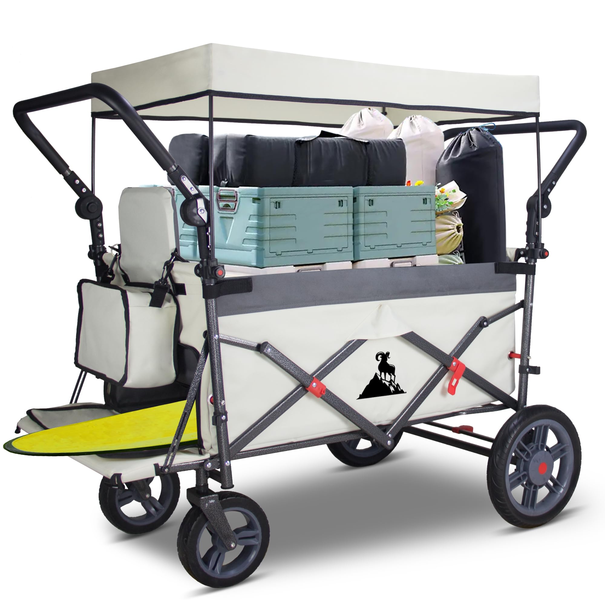 Topwell Beige/Grey Folding Handcart Trolley, Folding Camping Wagon With Canopy & 2 Folable Seats, Collapsible Beach Cart Foldable For Outdoor Garden Picnic Shopping 265Lbs Capacity ()