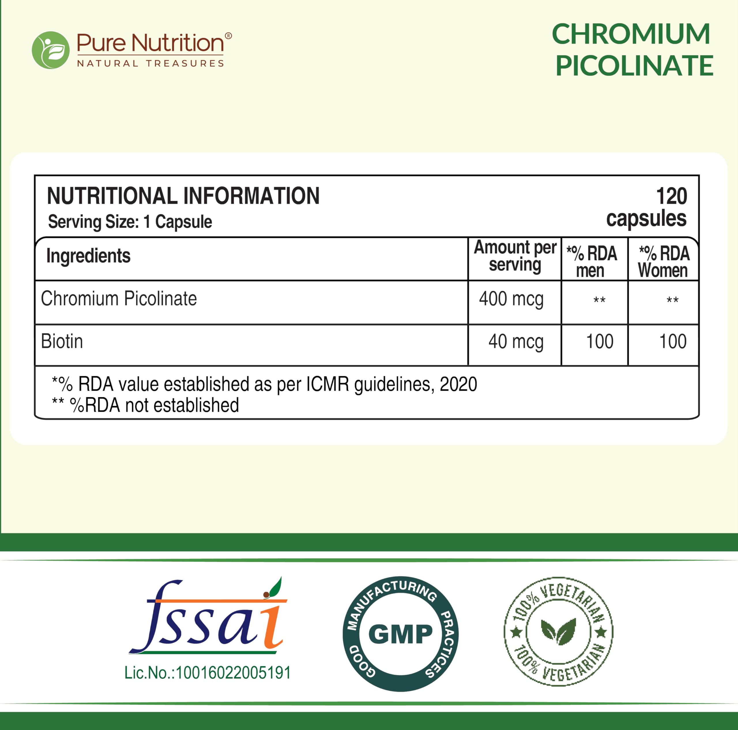 Pure Nutrition Chromium Picolinate Supplements | Chromium Picolinate 400mcg for Healthy Blood Sugar Level | Support Weight Management, Heart Health And Skin Health - 120 Veg Capsules — Amazon image 2