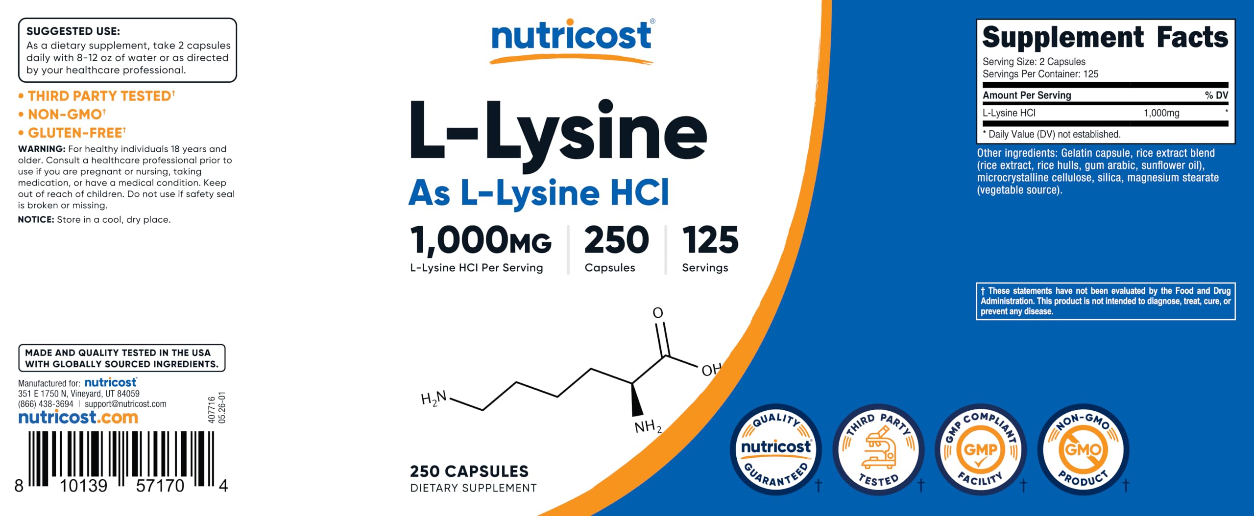 Nutricost L-Lysine 1000mg, 250 Capsules, 500mg Per Cap, Gluten Free — Amazon image 6