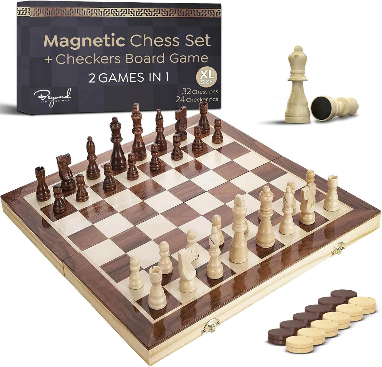 XL Size Wooden Magnetic Chess Set & Checkers Board Game, 17" Foldable Magnetic Chess Board | Solid Wood 2-in-1 Board Game for Adults with Storage Box, 2 Extra Queens, Chess Sets for Adults & Kids