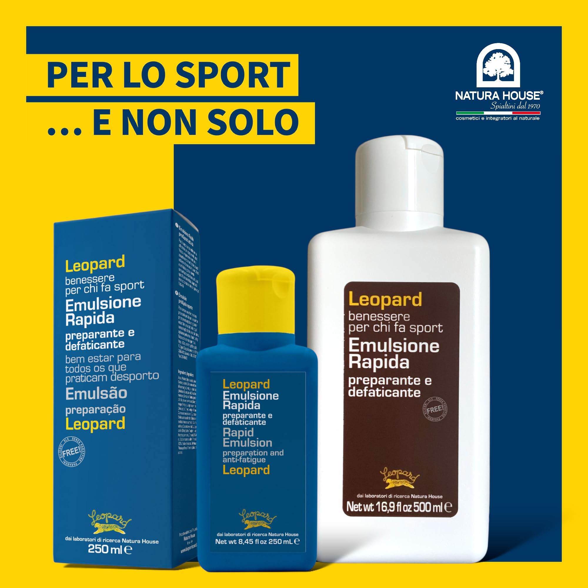 LEOPARD SPORT Emulsione Rapida Massaggio Pre e Post Attività, Crema Defaticante Gambe Sport, Crema Riscaldante Muscoli Sportiva con Arnica e Oli Essenziali, 500ml, 98,4% Naturale