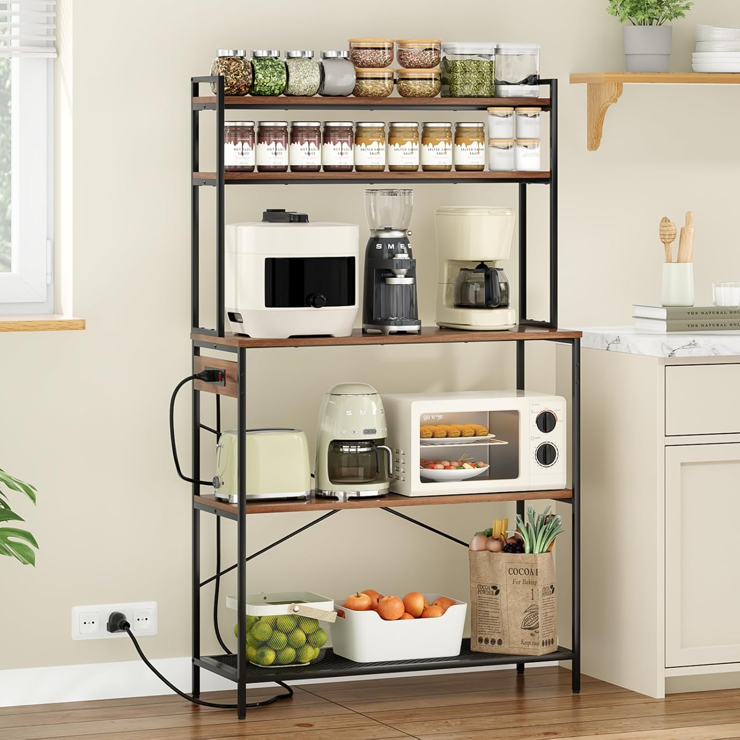 Farini Bakers Rack with Electrical Outlets, Large 5-Tier 39 Inch Microwave Stand & Coffee Bar, Kitchen Storage Shelf for Home, Counter Space Organizer,Walnut