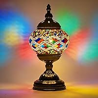 Handmade Turkish Moroccan Mosaic Table Lamp - Tiffany Stained Glass Bedside Lamp Vintage Bronze Base LED Bulb Included (Colorful)