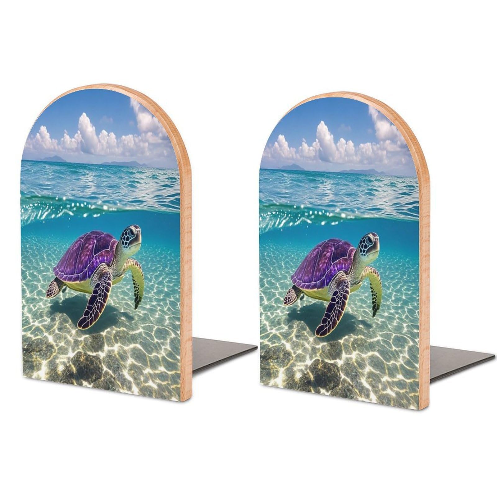 Hawaii with Purple Sea Turtle Bookend for Shelves Wooden Book End Sturdy Book Holders Stoppers with Metal Base for Bookshelves Slick Decorative Bookends Stands