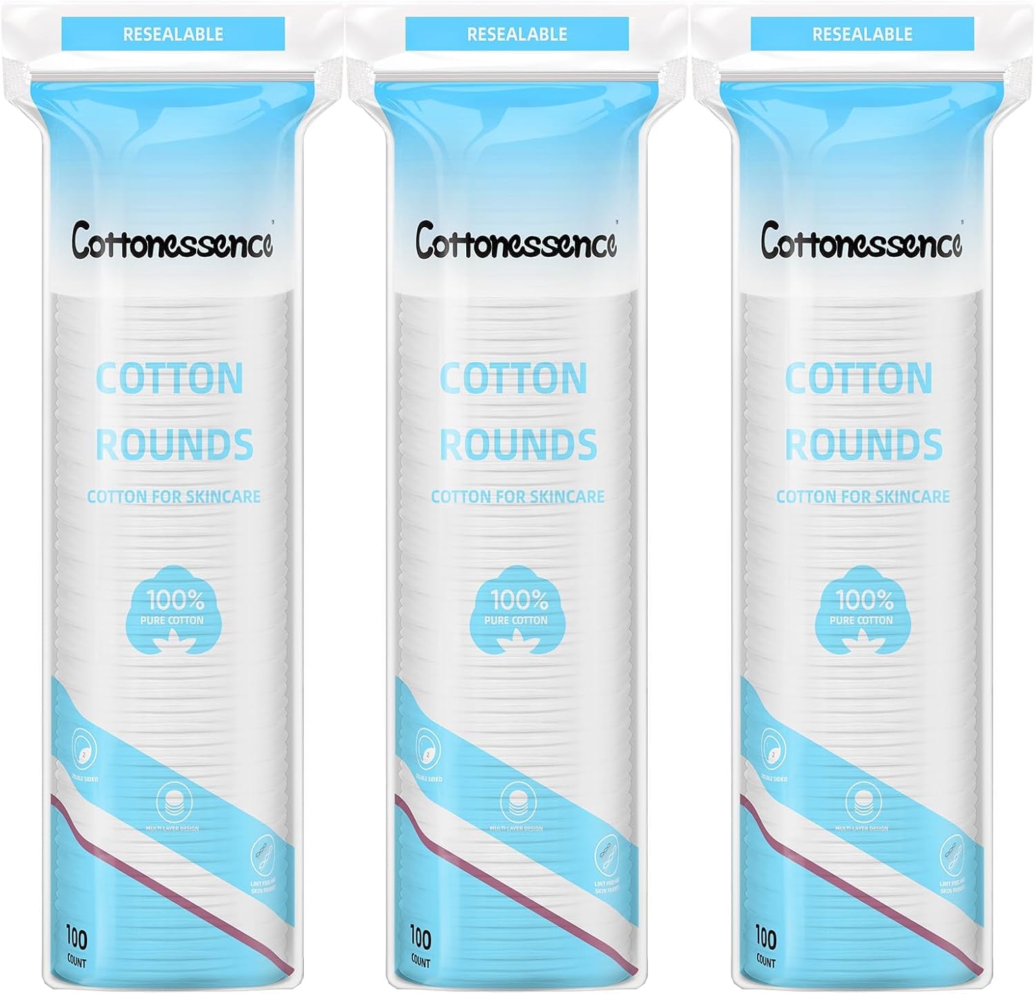 Cotton Rounds for Facial Cleansing and Nail Polish Removal - 100% Pure Cotton, Hypoallergenic Makeup Remover Pads, Lint-Free Multi-Layer Design (100 Count, Pack of 3) - Amazon product rated Grade A